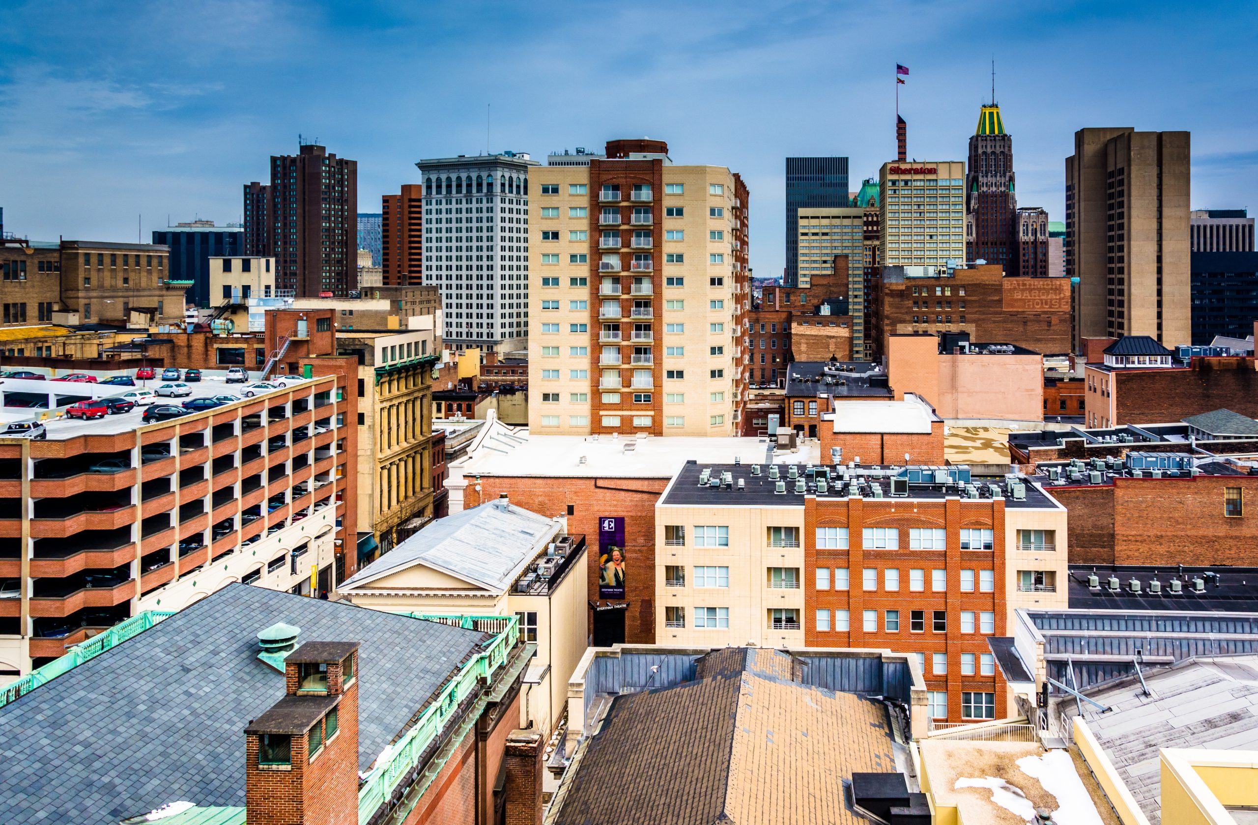 View of the skyline from a parking garage in Baltimore Maryland.