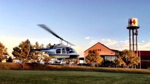 Helicopter landing at the Heliport on Baltimore's waterfront.