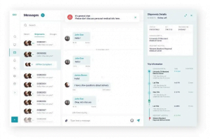 MediGo app showing communications section where users can communicate with team and view shipment details